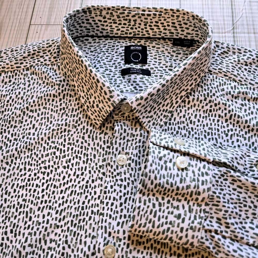 Hugo Boss Ronni_F Slim Fit Stretch Shirt XXL Mens Green White Abstract Pattern